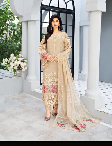 Women Pakistani Chiffon Embroidered Salwar Kameez w/ Dupatta Beige Unstitched