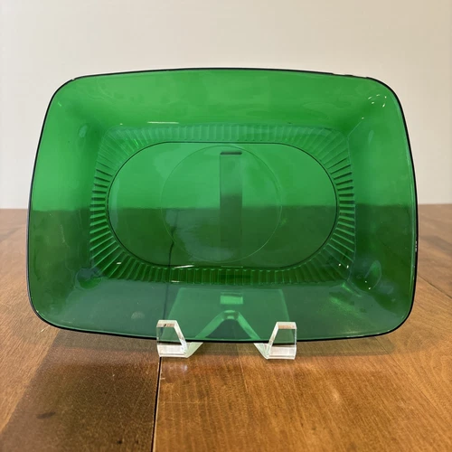 Vintage Anchor Hocking Green Glass Platter Serving Plate Rectangular 11x8” Party