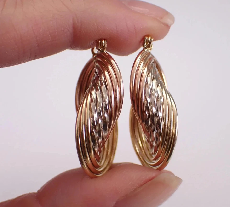 Vintage Estate Hoops For Her Twisted Hoop Earrings 14K Tri Color Gold Plated - Image 4 of 4