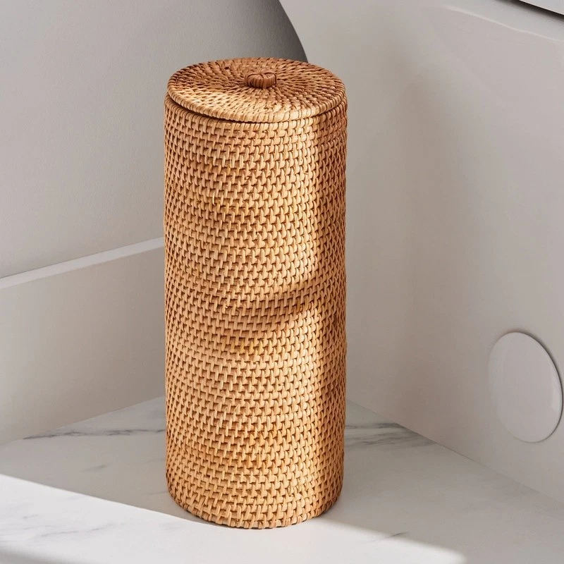 Rattan Floor Standing Toilet Paper Holder W/ Lid Bathroom Storage Organizer New Foto 3 de 4