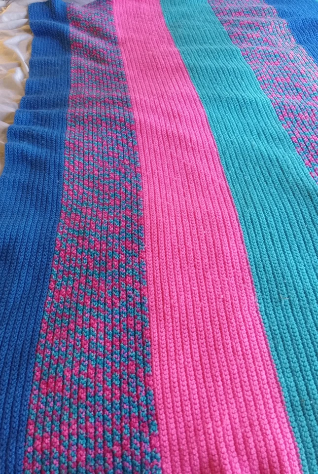 Handmade Afghan Blue Teal Pink Wide Stripe Tight Knit Twin Sz Bright Colors Boho - Image 3 of 4