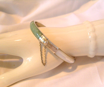Silber Armband Vintage 2003 grüne Jade & Perlmutt QVC 7 1/2'' Länge