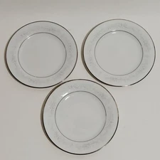 Noritake Cumberland 6 1/4" Bread Plates Set of 3 Platinum Rings White Flower