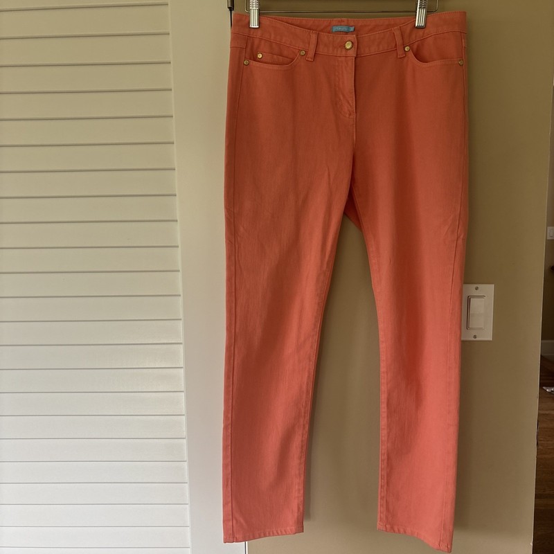 J. McLaughlin Coral Orange Skinny Jeans Size 10  Gold Hardware Five Pocket
