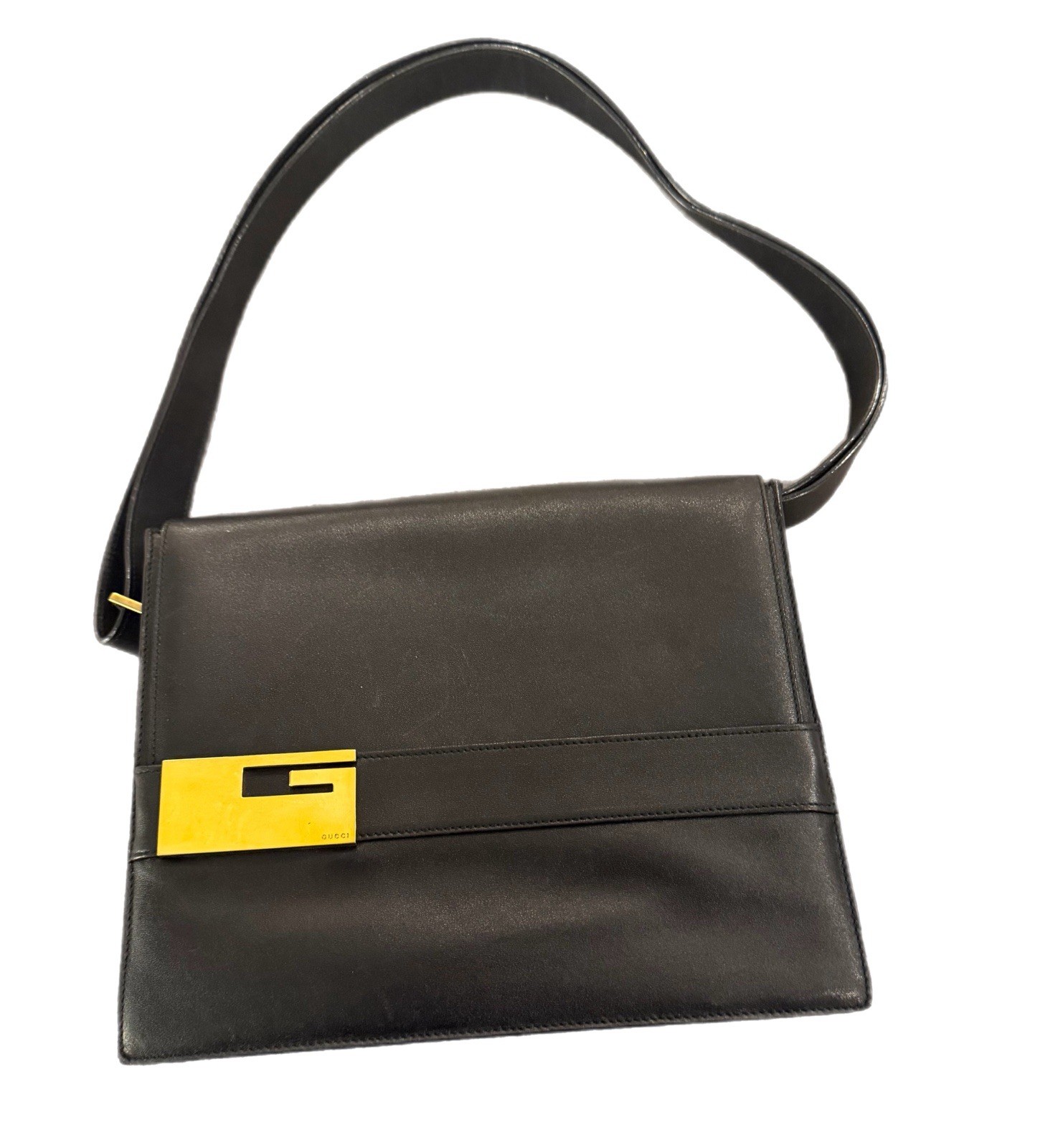 Vintage Gucci Black Shoulder Bag Gold Hardware Logo Accent Shoulder Strap