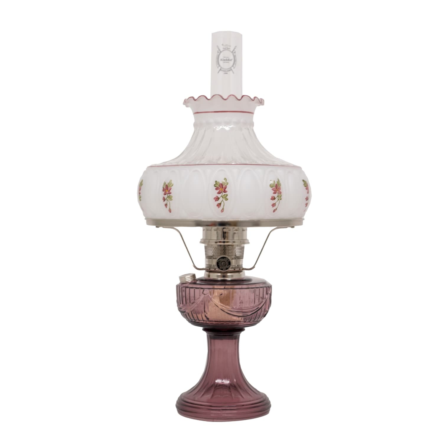 Aladdin Amethyst Lincoln Drape Table Oil Lamp with Rose Shade and Nickel Trim