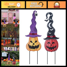 Halloween Outdoor Decorations - Set of 2 Pumpkin Garden Stakes with Witch Hats,