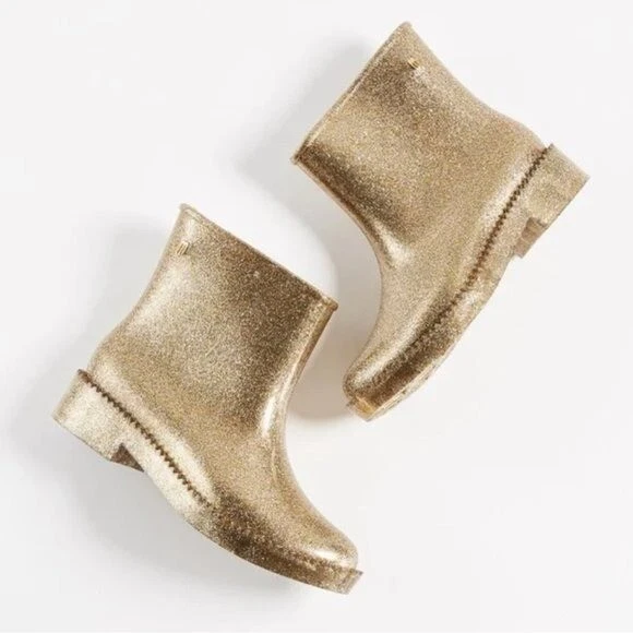 NWT Melissa Rubber Rain Drop Gold Glitter Jagged Edge Ankle Rain Boot 6