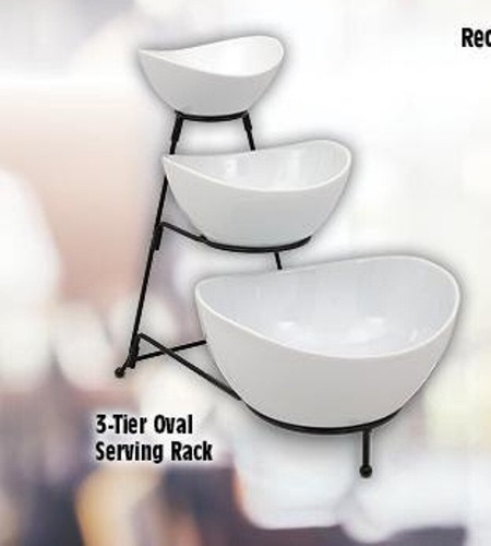 Benevolence 3-Tier Oval Bowl Serving Rack Set White Ceramic Stoneware Metal Rack - Picture 2 of 12