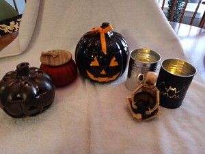 Halloween Pumpkin Ceramic And Metal  Tea-light Votive Candle Holders Lot Of 6