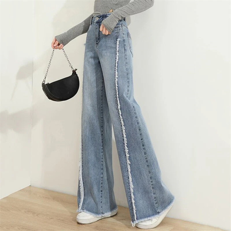 Ladies Denim Trousers Jeans Wide Leg Pants Tasseled Loose Pocket Preppy  Fashion