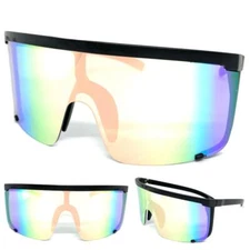Oversized Modern Retro Shield Visor Style SUNGLASSES Large Black Frame Pink Lens
