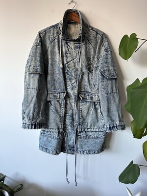 Vintage 80s IZZI Womens Acid Wash Denim Medium Oversized Car Work Chore Coat