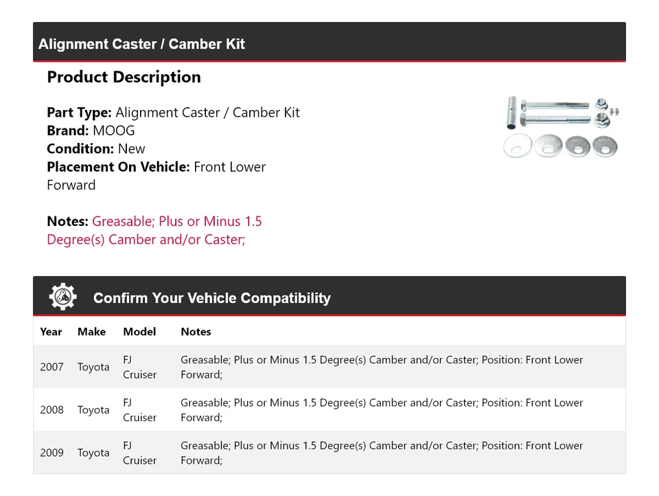 适用于 2007 - 2009 年丰田 FJ 巡洋舰对准脚轮/凸轮套件 MOOG 2007 2008 — 第 2/4 张图片