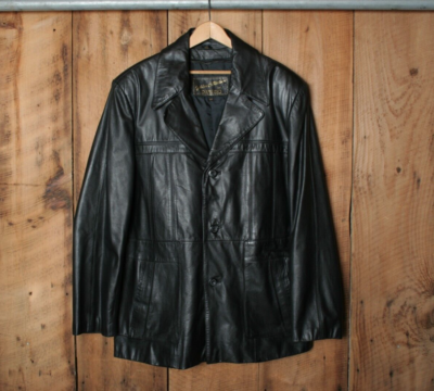 Vintage RAFFAELO Black Leather 3-Button Jacket Car Coat Sz. 44