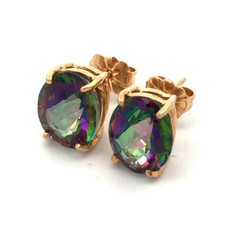 Designer 14K Yellow Gold Cushion Cut Oval Mystic Topaz Statement Stud Earrings