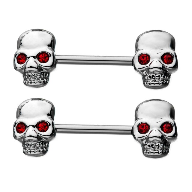 NipplePAIRSkull w/Red Eye 14 Gauge 9/16" Barbell Steel Body Jewelry