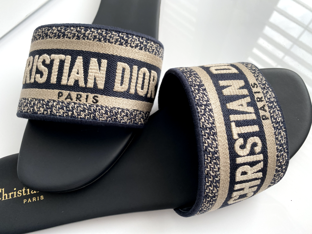 $775 Christian Dior DWAY NAVY BLUE FABRIC LEATHER Slides SANDALS