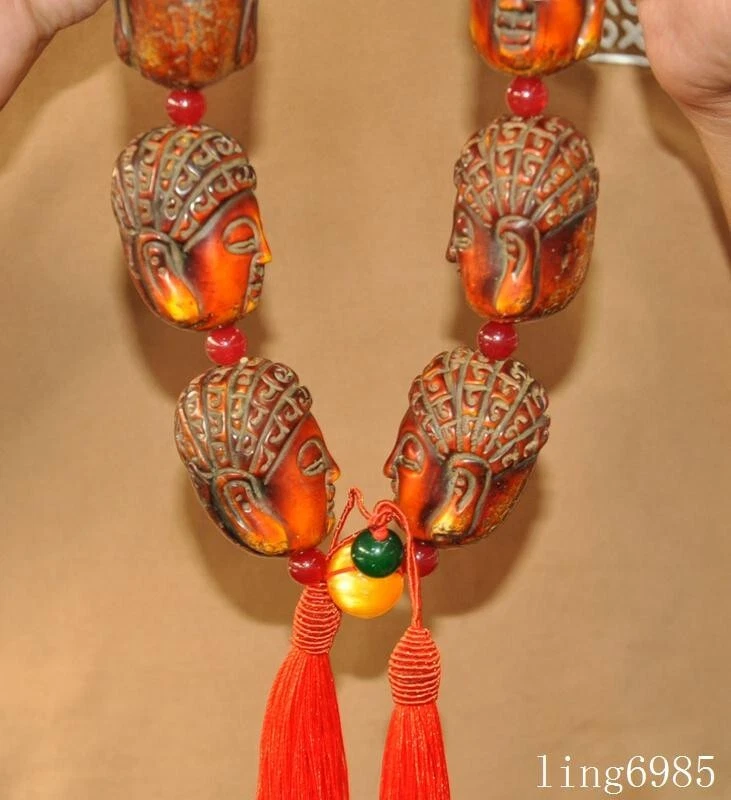 Budismo Tibetano Antiguo ámbar tallado Shakyamuni cabeza estatua amuleto periapt collar Foto 3 de 4