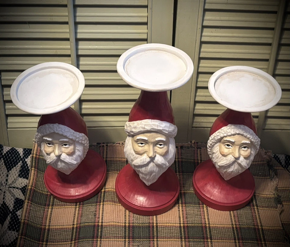 PRECIOSO Juego de 3 Candelabros Santa Claus Belsnickel Elevadores Madera Tallada Aspecto Foto 3 de 4