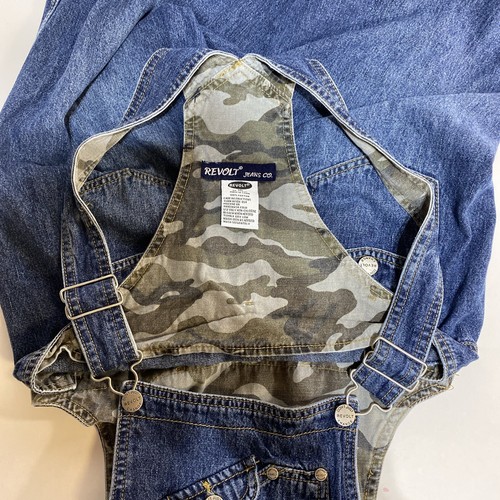Vtg Revolt Jeans Womens Bib Overall Jeans Junior 16 Blue denim Camo Inside 90s - Picture 10 of 11