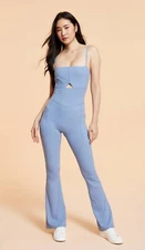 NWT~ Blogilates sz S Womens Peekaboo Flare Active Jumpsuit Steel Blue Gym BB83