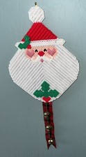 Vintage Needlepoint Cross Stitch Santa W/ Bells Christmas Wall Hanging Yarn
