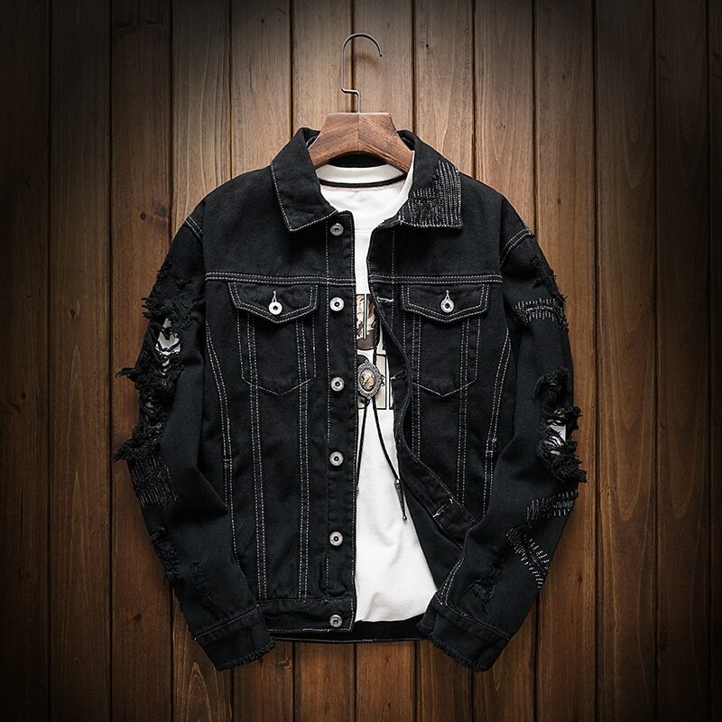 Denim Tears Hoodie Men's Distressed Denim Motorcycle Jacket Slim