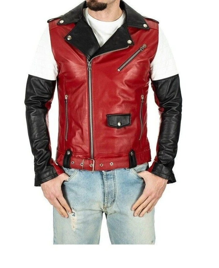 Men's Genuine Leather Multicolor Jacket Motorcycle Biker Color Block Belted Coat