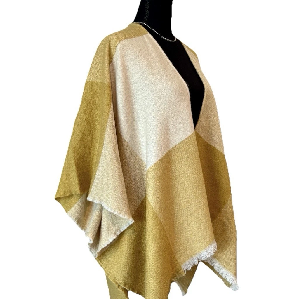Universal Thread Ruana Colorblock Fringe Poncho | OSFM | Mustard & Cream