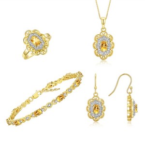 Authentic Rylos Yellow Gold Plated Silver Citrine & Diamond Floral Halo Set Sz 5-10