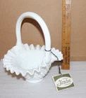 Vintage FENTON Milk glass RUFFLED BASKET with tag