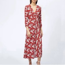 RIXO Women Red Floral Midi V-Neck Long Sleeve A-Line Dress Regular Size S