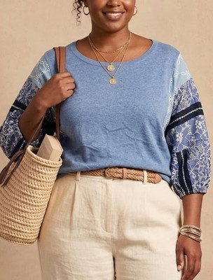 Chico's Blue Coastal Puff Sleeve Blouse Size XL Mixed Media Bohemian Boho Chic