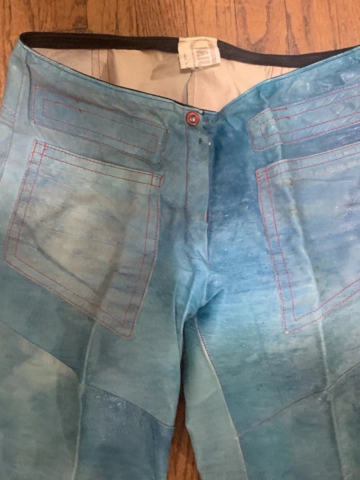 Calça de Couro Feminina Miura Vintage Estilo Hippie Azul Verde Bell Bottoms Inglaterra - Imagem 3 de 4