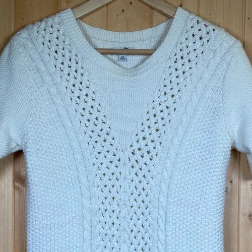 LL Bean Signature Fishermans Sweater Chunky Cable Knit Beige Cotton Relaxed XS - Image 4 of 4