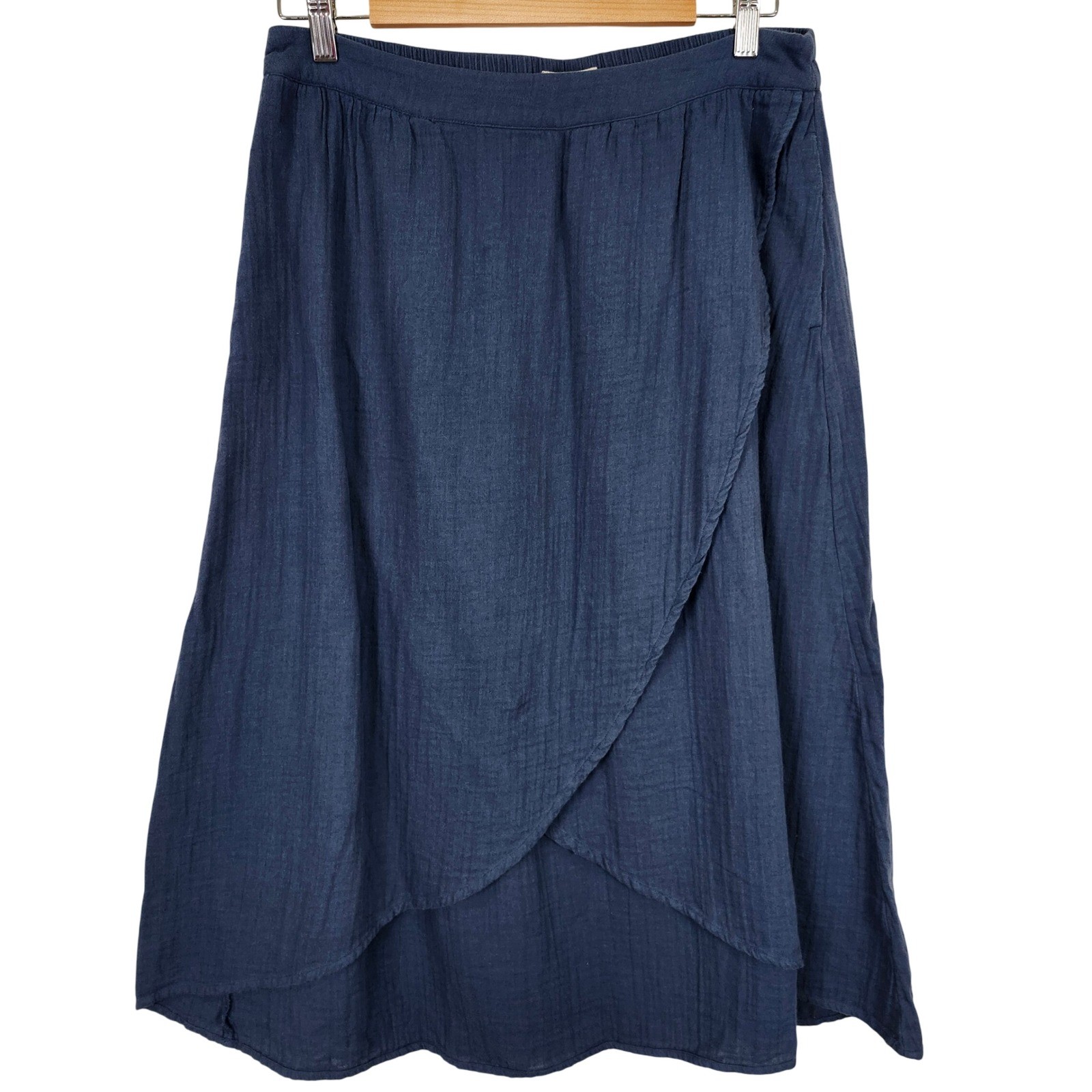 Pact Midi Skirt Size Large Navy Blue Organic Cotton Elastic Waist Pockets-image