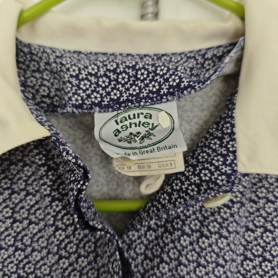 Feminino Laura Ashley Vintage Feito na Grã-Bretanha Azul Marinho Manga Puff Midi... - Imagem 2 de 4