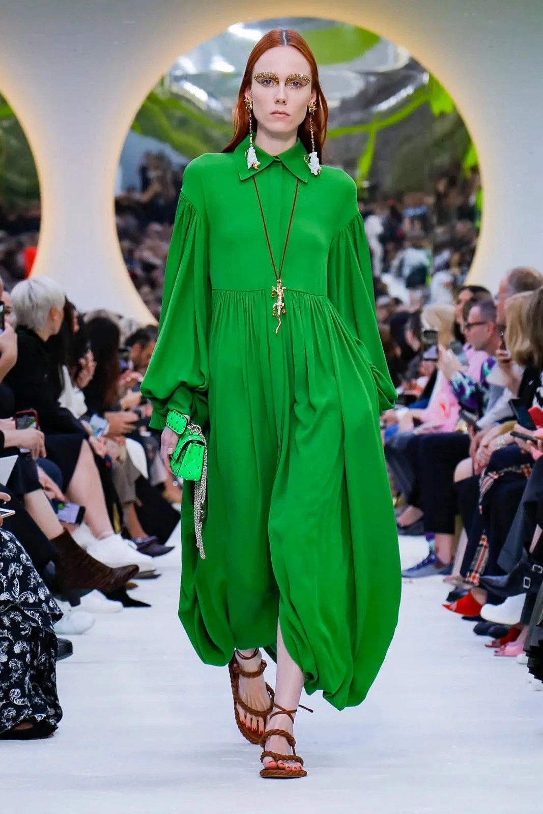Valentino — VALENTINO RUNWAY GATHERED HEM PLEATED GREEN SHIRT DRESS IT 48