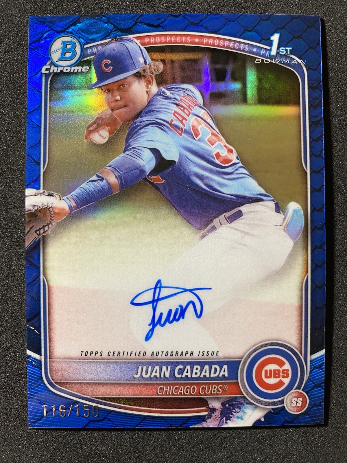 2025 Bowman Chrome Juan Cabada Auto Reptilian Blue Refractor 1st /150