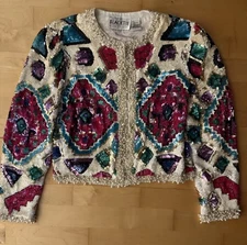 VTG Oleg Cassini Black Tie Silk White Pearl Beaded Pink Geo Cropped Jacket S