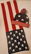 American Flag Knit Hat 5' Scarf 2pc set Red White Blue Stars USA Patriotic