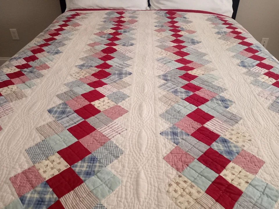 Edredón de arte popular tamaño completo Nautica rojo blanco azul retazos algodón 70" X 86" Foto 3 de 4