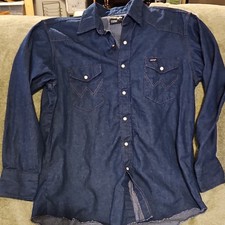 VTG 90s Wrangler Regular Fit 17-33 Blue Long Sleeve Denim Button-Up Shirt Men