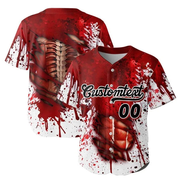 Baseball Jersey Men Casual Short Sleeve Button Up Ripped Zombie Skeleton Costume
