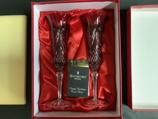 Waterford Crystal Pair of Ruby Red Happy Holidays Flutes Christmas Tree 7 3/4"
