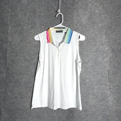 G/FORE Sleeveless Golf Polo Womens L White Rainbow Striped Collar Stretch Sports