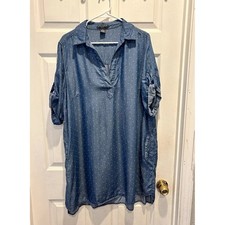 Chelsea & Theodore Woman 1X Blue Polka Dot Tencel Roll Tab Sleeve Shift Dress