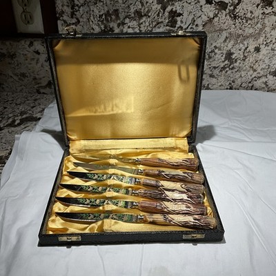 ANTON WINGEN JR Solingen Germany Engraved Pheasant Turkey 6 pc Cutlery Knife Set
