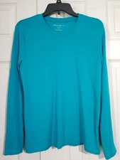 Eddie Bauer Women Size L Large Blue Long Sleeves Cotton Tee Stretch Scoop Neck